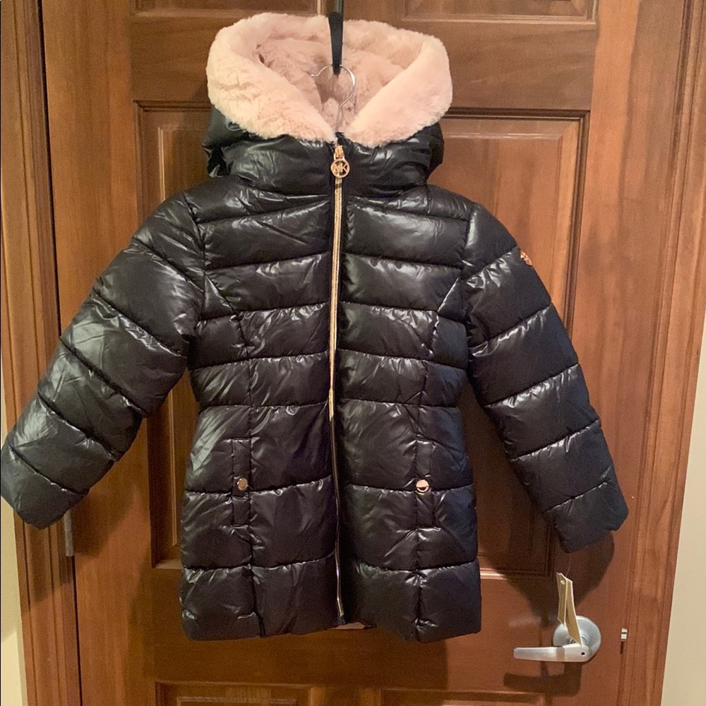 Michael Kors Black Puffer Jacket with Pink Fur Trim